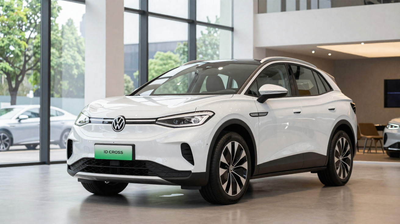 White Volkswagen ID Cross electric SUV parked inside a modern showroom with large glass windows.