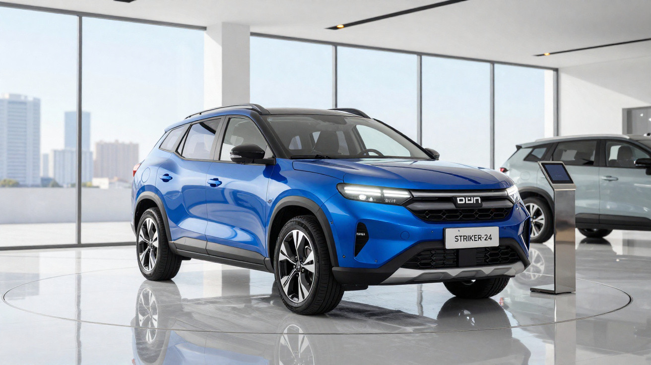 Blue electric SUV displayed in a modern showroom with large windows and cityscape view outside.