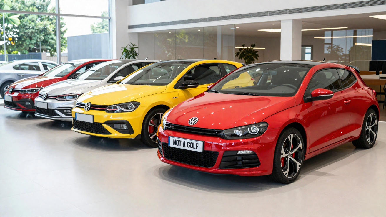 Row of Volkswagen cars in a showroom, featuring a red model with a license plate reading "NOT A GOLF".