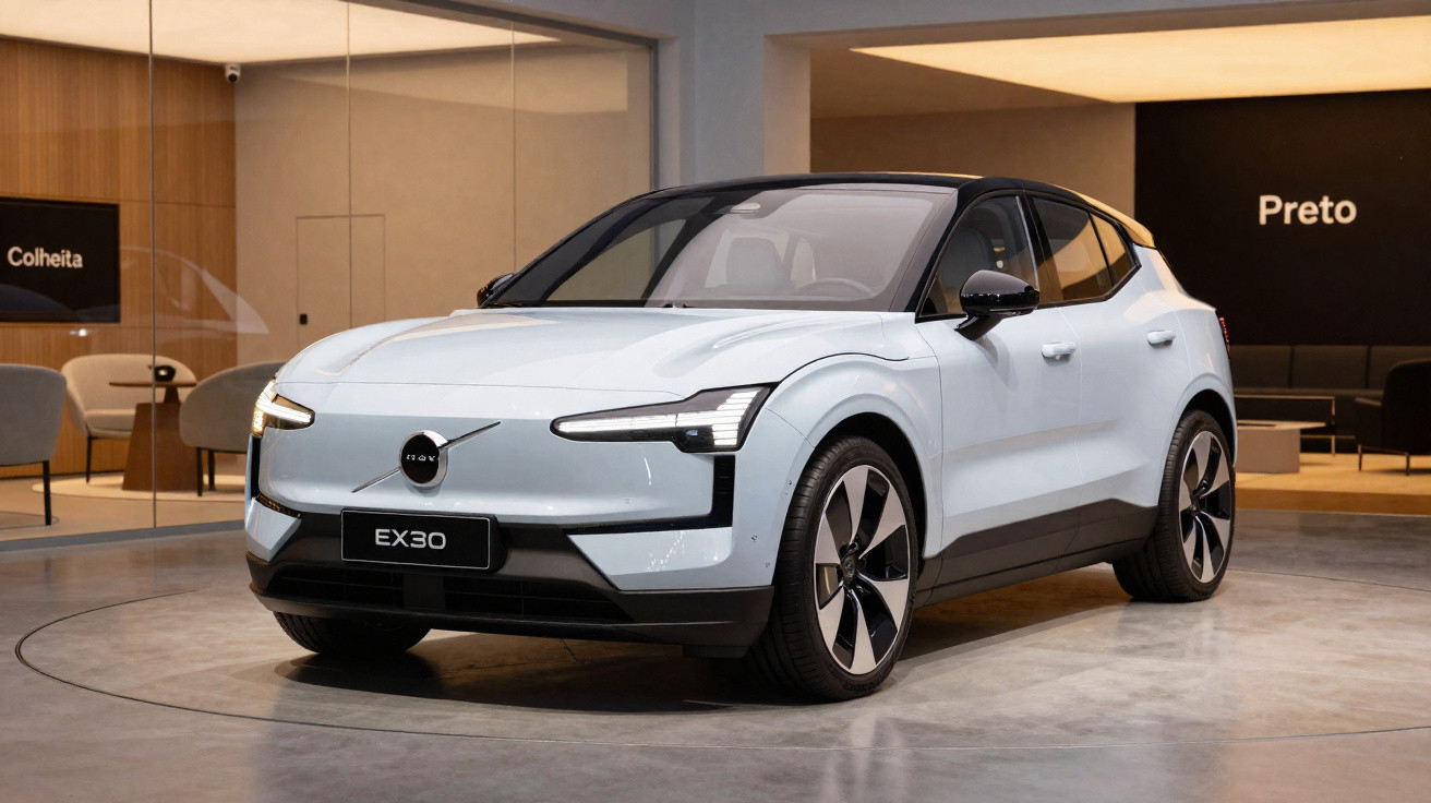 White Volvo EX30 electric SUV displayed indoors on a showroom floor with modern furnishings in the background.
