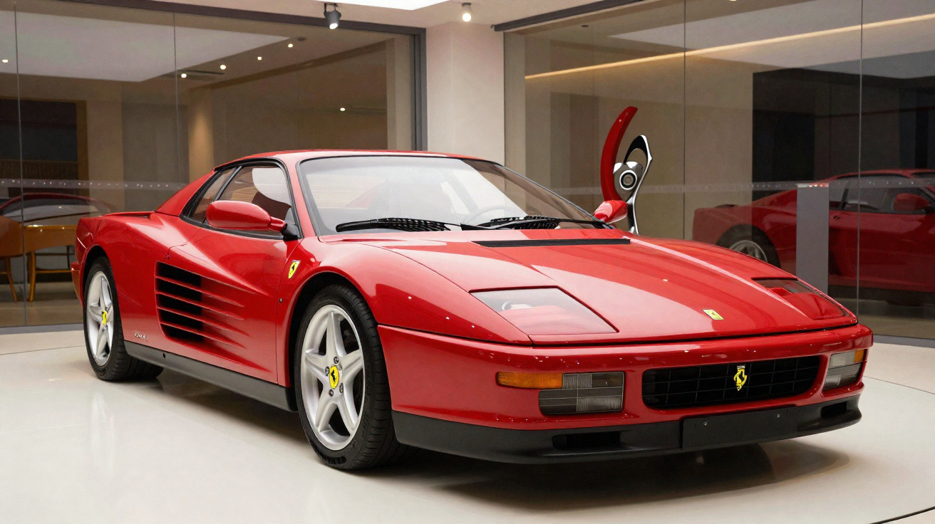 Red Ferrari sports car with open driver-side door in a modern showroom.