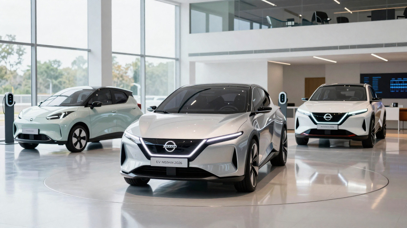 Three modern Nissan electric cars displayed in a bright, spacious showroom with large windows.