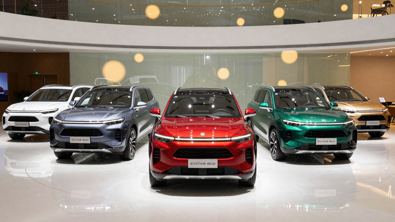 Five new electric SUVs in various colours displayed in a bright modern showroom with reflective floors.