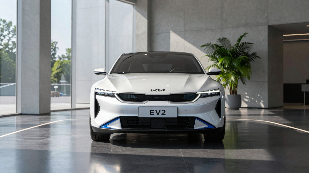 Front view of a white Kia EV2 electric car displayed in a modern bright showroom with a plant in the background.