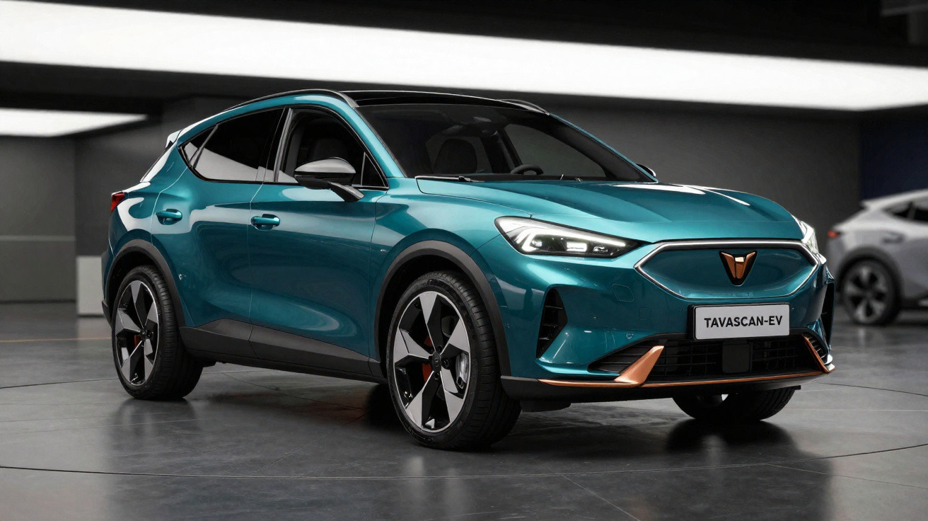 Teal Cupra Tavascan-E electric SUV displayed indoors with modern, sleek design and black alloy wheels.