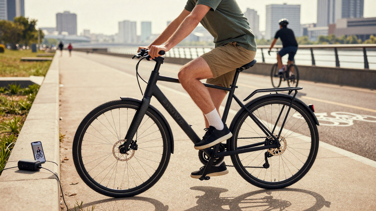 Person riding a black bicycle on a paved path with a smartphone and portable speaker on the side.