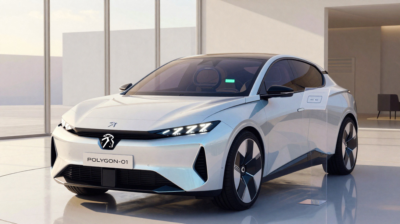 Sleek white Polygon-01 electric car with aerodynamic design displayed in a bright, modern showroom.