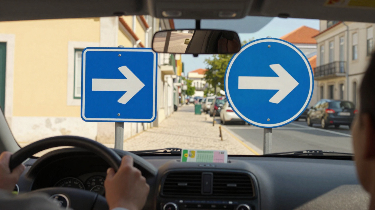 View from inside a car showing two blue road signs with white arrows pointing right on a street with parked cars.