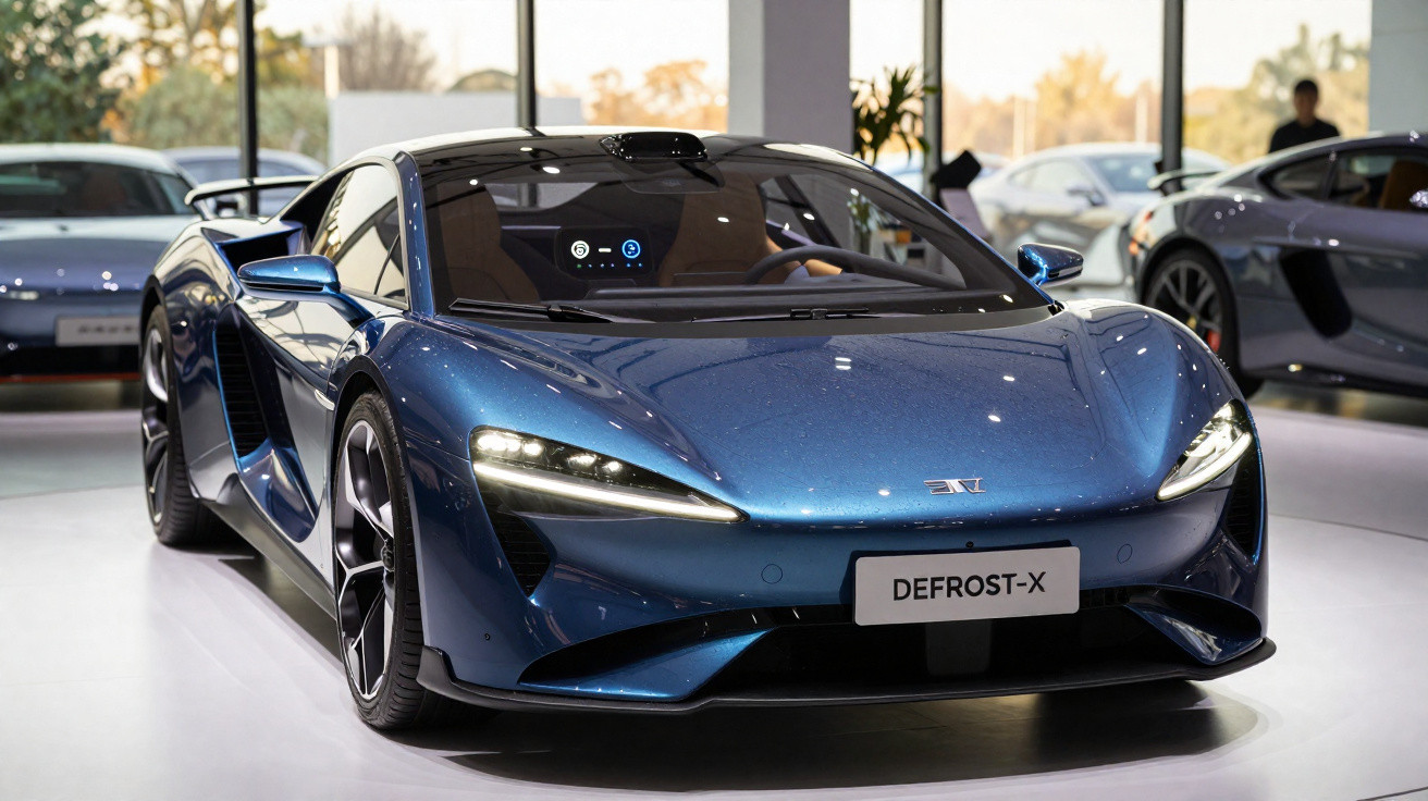 Blue electric sports car with sleek headlights displayed indoors, labelled DEFROST-X.