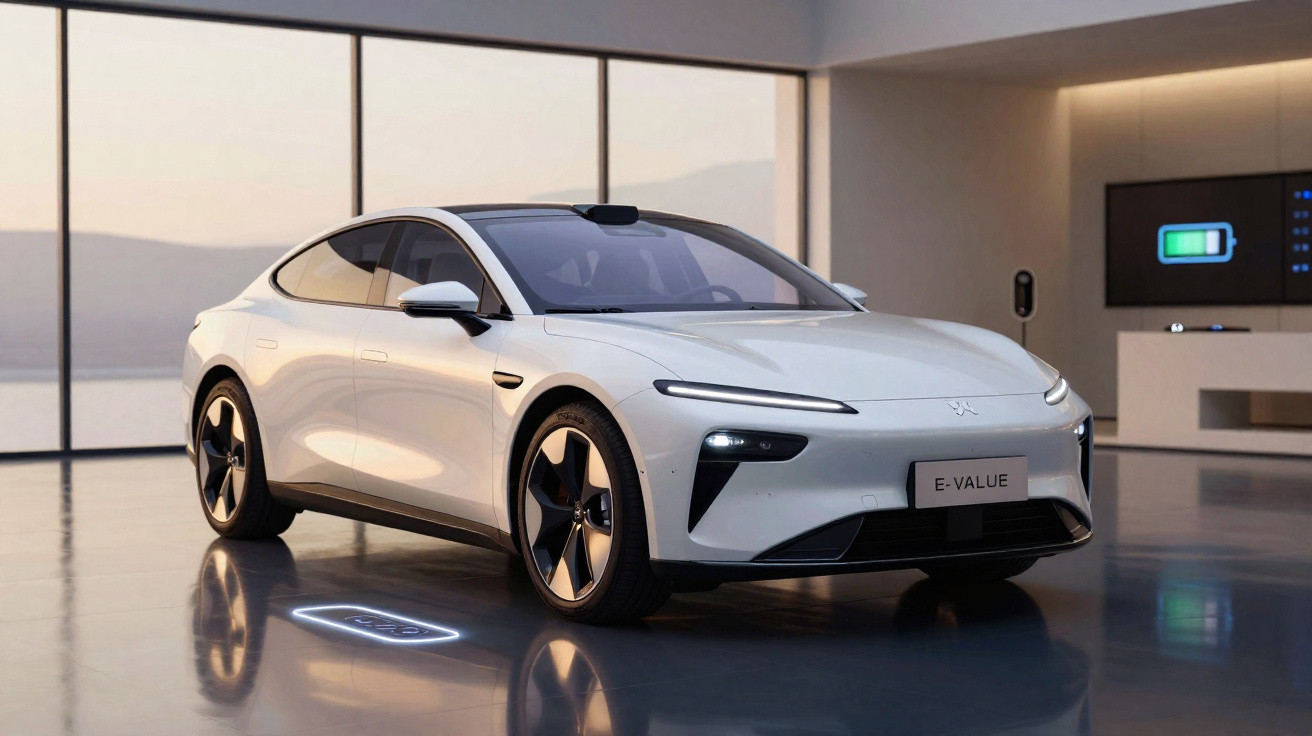 Sleek white electric car with modern design parked indoors on reflective floor near charging station display.