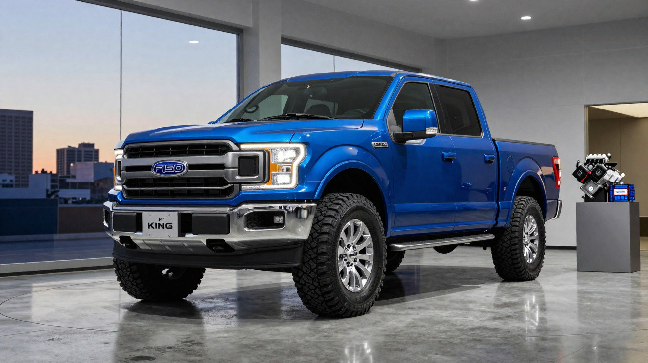 Blue Ford F-150 pickup truck displayed indoors with city skyline visible through large windows.