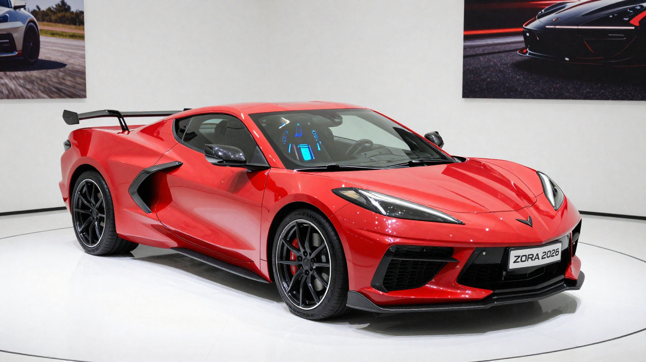 Red sports car with black rims and spoiler, displayed indoors with two car photos on the wall behind.