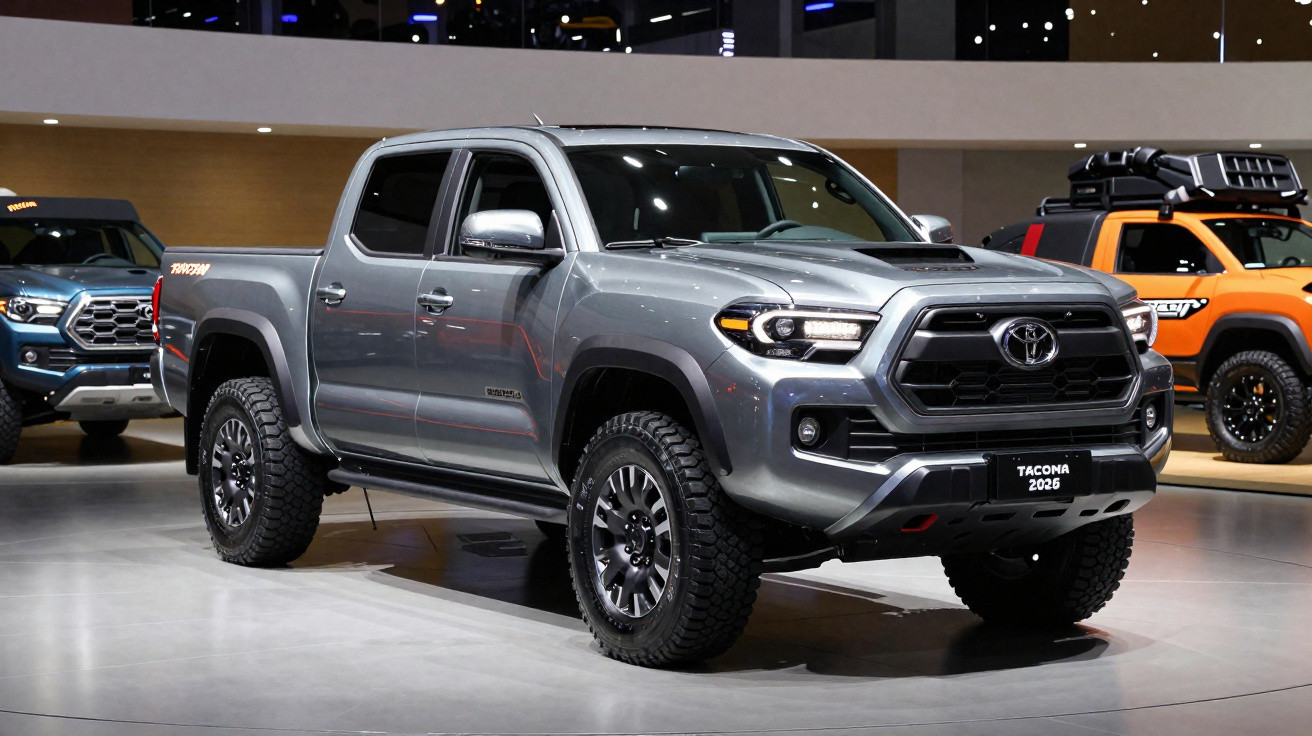 Grey 2026 Toyota Tacoma pickup truck displayed in a showroom with other vehicles in the background.