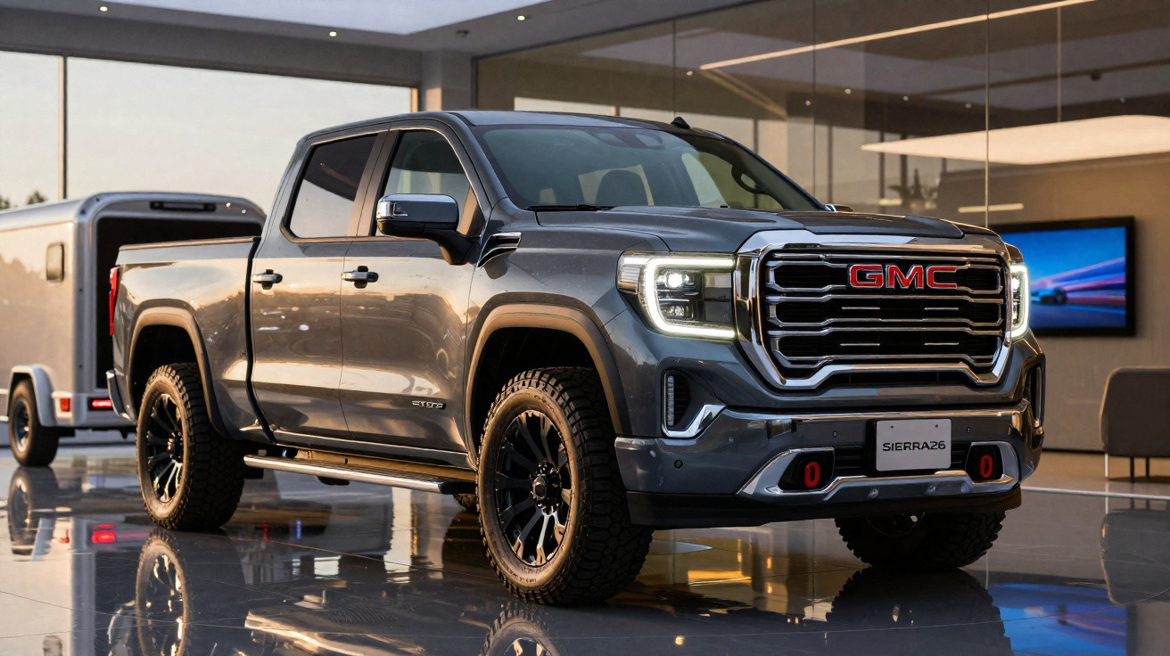 Grey GMC Sierra 26 crew cab pickup truck with black wheels inside a modern showroom.