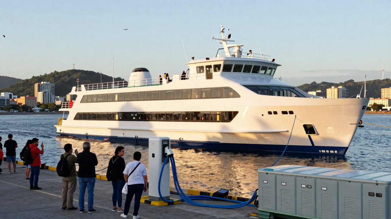 White passenger ferry docked at harbour with people waiting on quay and cityscape in background.