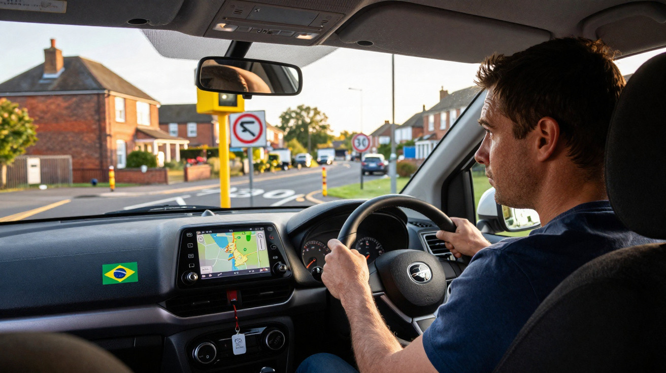 Man driving a right-hand drive car on a residential street with a GPS navigation on the dashboard.