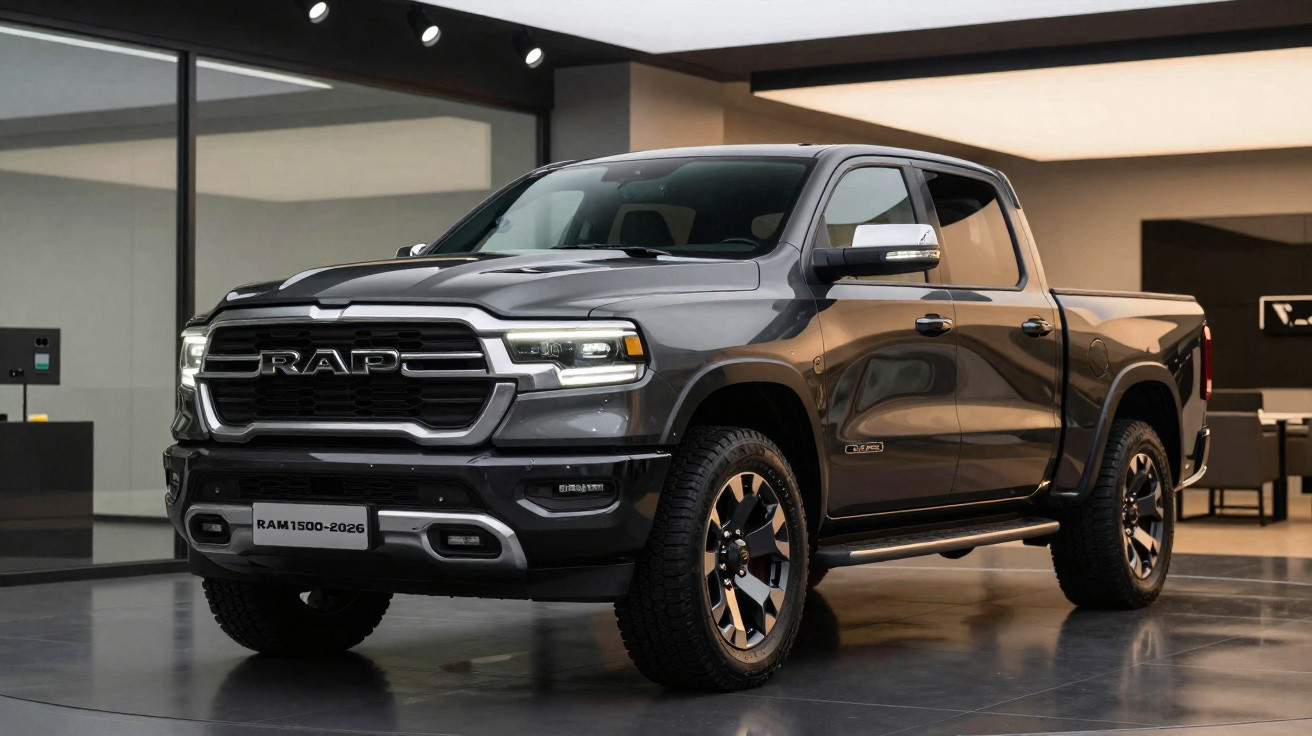 Grey 2026 RAM 1500 pickup truck displayed indoors on a glossy floor with modern surroundings.