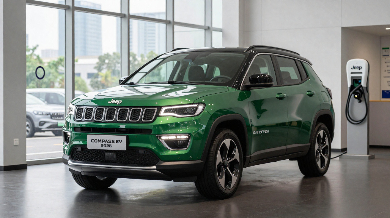 Green Jeep Compass EV 2026 electric SUV displayed indoors near a charging station.