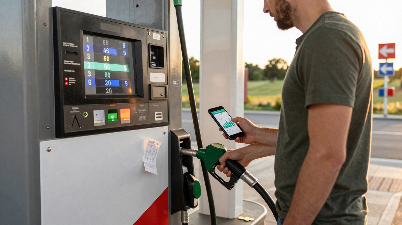 Man holding smartphone and fuel nozzle while refuelling car at petrol station pump in daylight