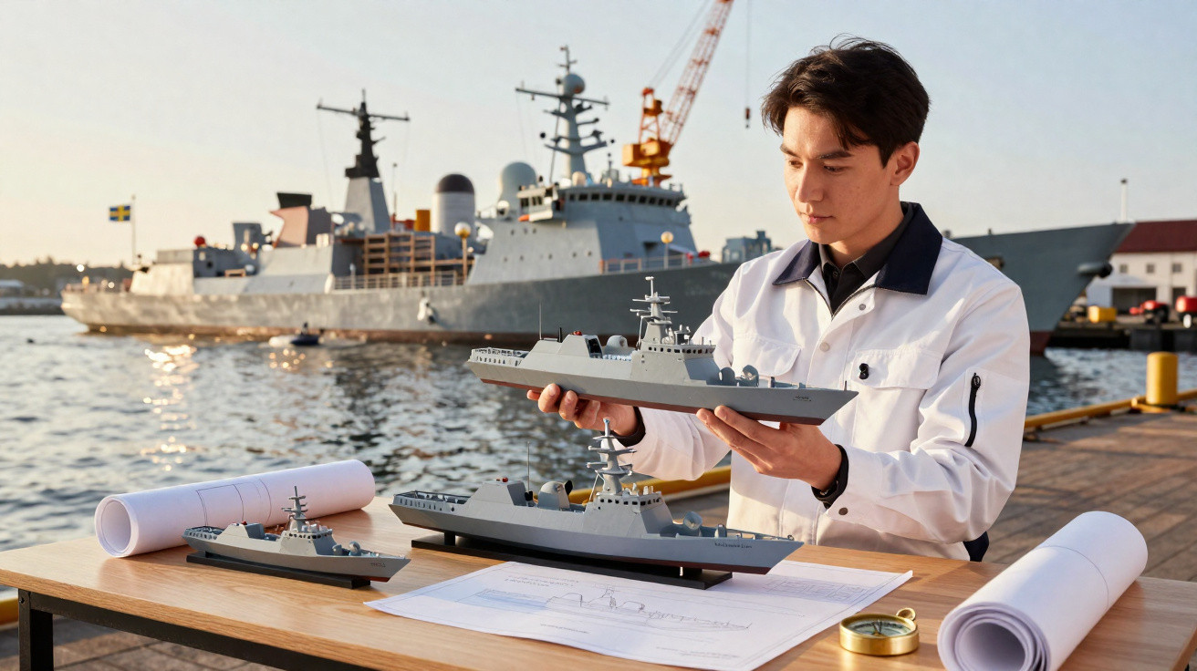 Engineer examining a model warship on a dockside table with a real warship in the background at sunset.