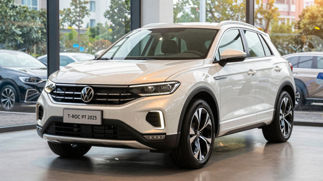 White Volkswagen T-Roc PT 2025 parked inside a showroom with large glass windows and other cars outside.