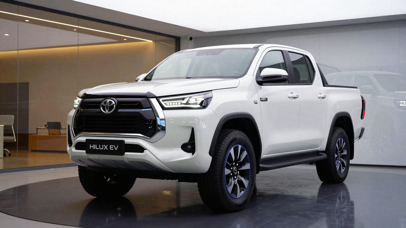 White Toyota Hilux EV pickup truck displayed indoors on a glossy black platform with modern office background.