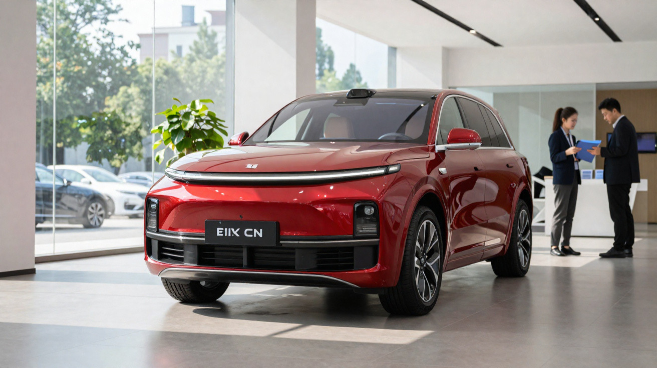 Red electric SUV displayed indoors with two people talking in the background near a reception desk.