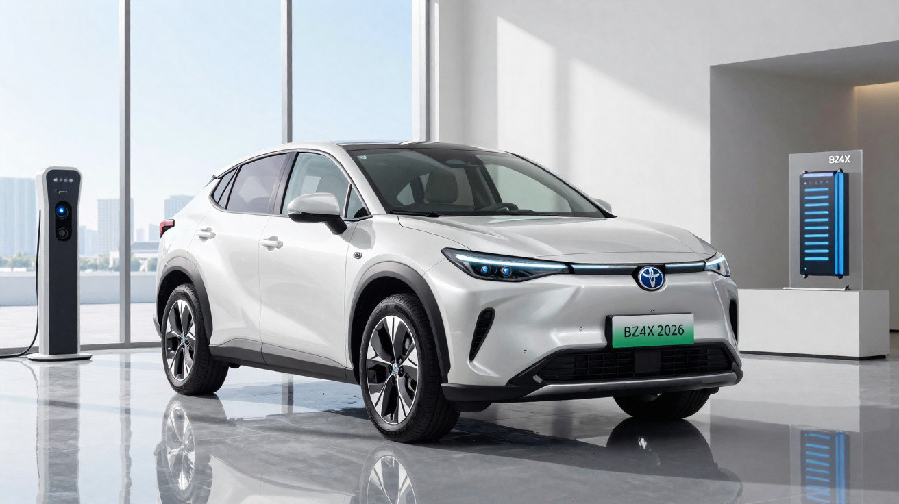 White Toyota electric SUV parked indoors next to a charging station and battery display unit.