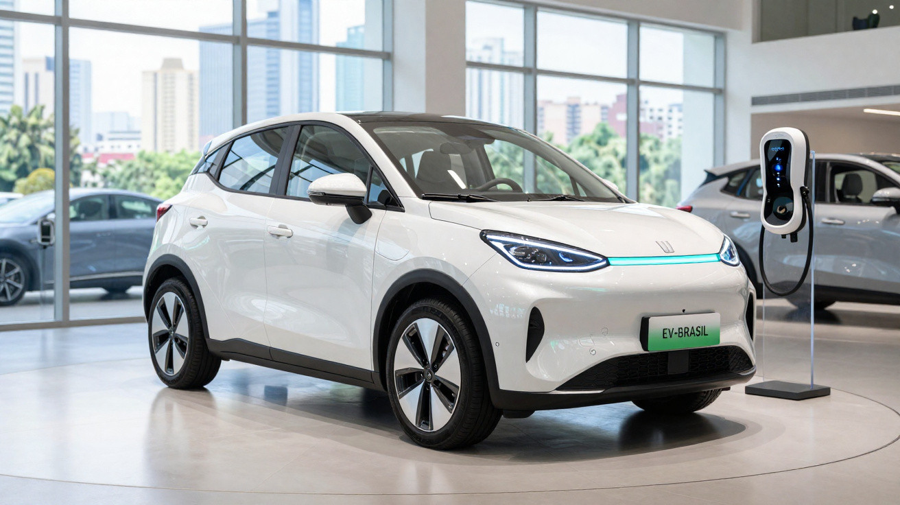 White electric SUV parked indoors near charging station with large windows and city view in the background