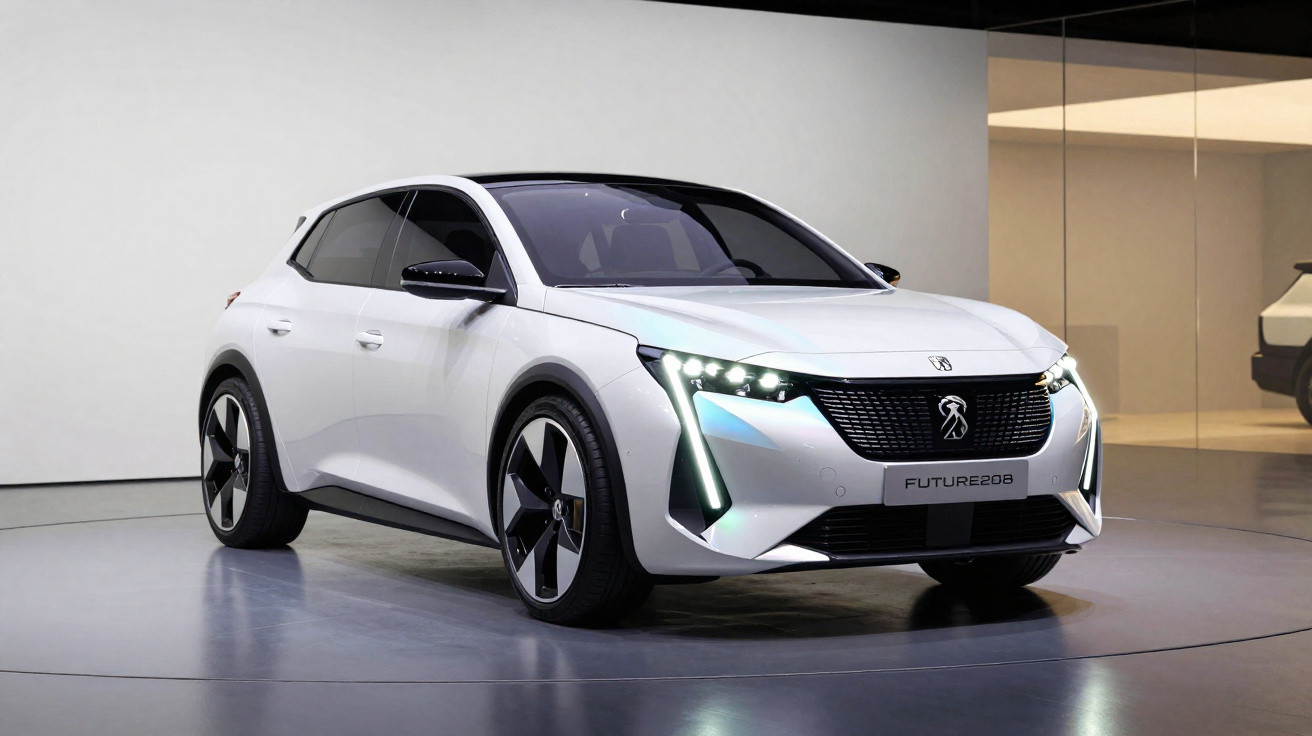 White Peugeot Future 208 electric hatchback car displayed in a modern showroom with distinctive LED headlights.