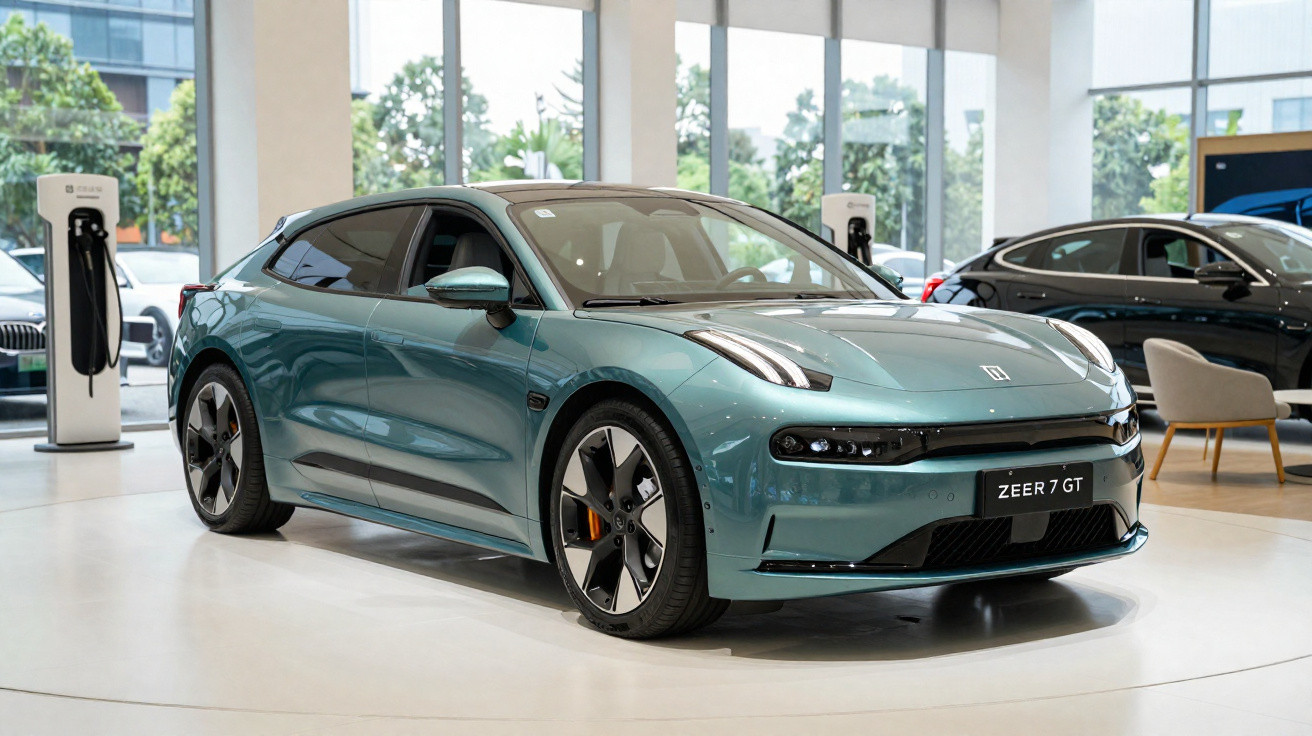 Blue Zeekr 7 GT electric car displayed inside a modern showroom with large windows and charging stations.
