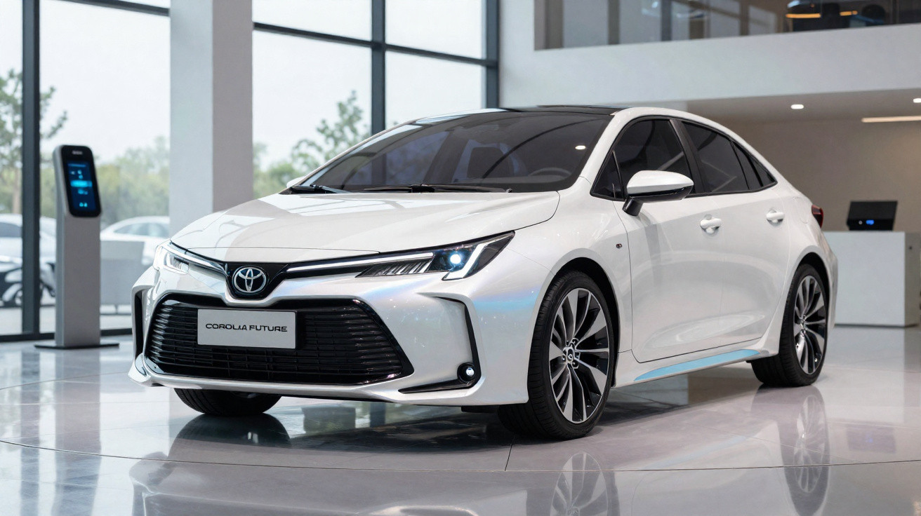 White Toyota Corolla Future hatchback displayed indoors near an electric vehicle charging station.
