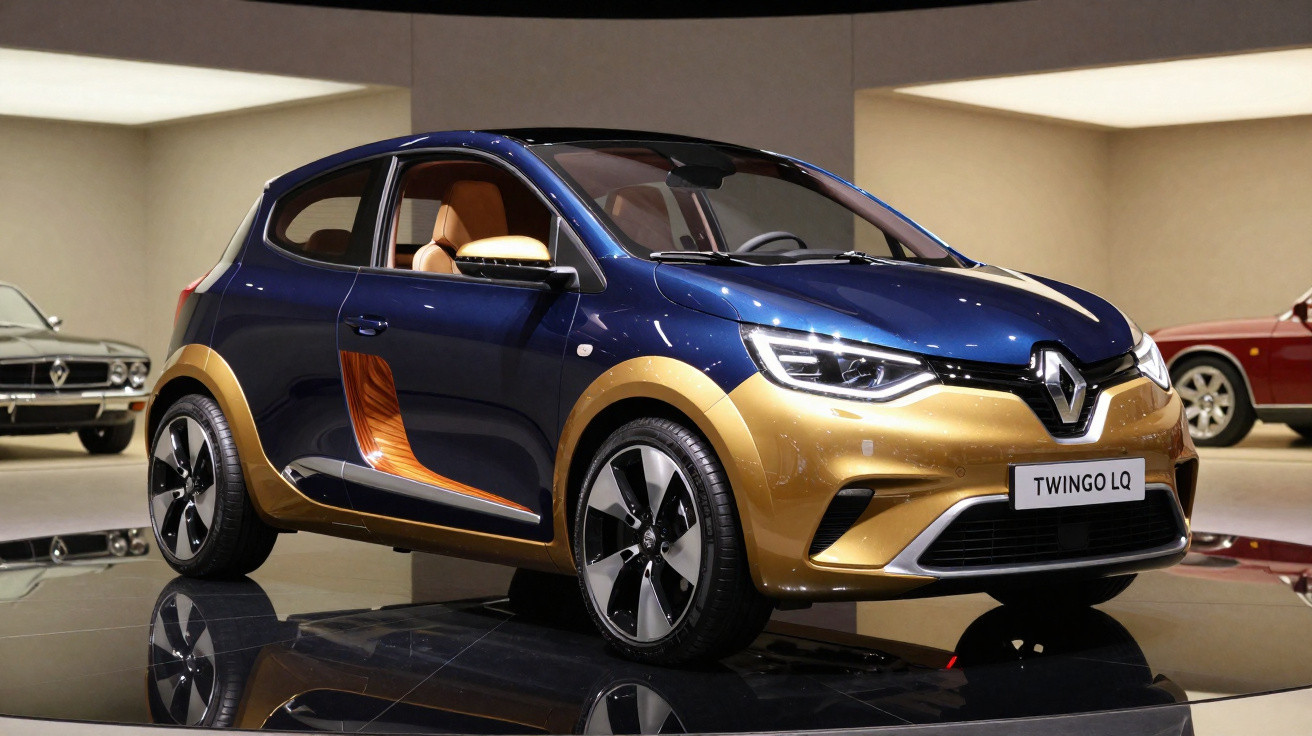 Blue and gold Renault Twingo LQ hatchback displayed indoors with leather interior and modern design.