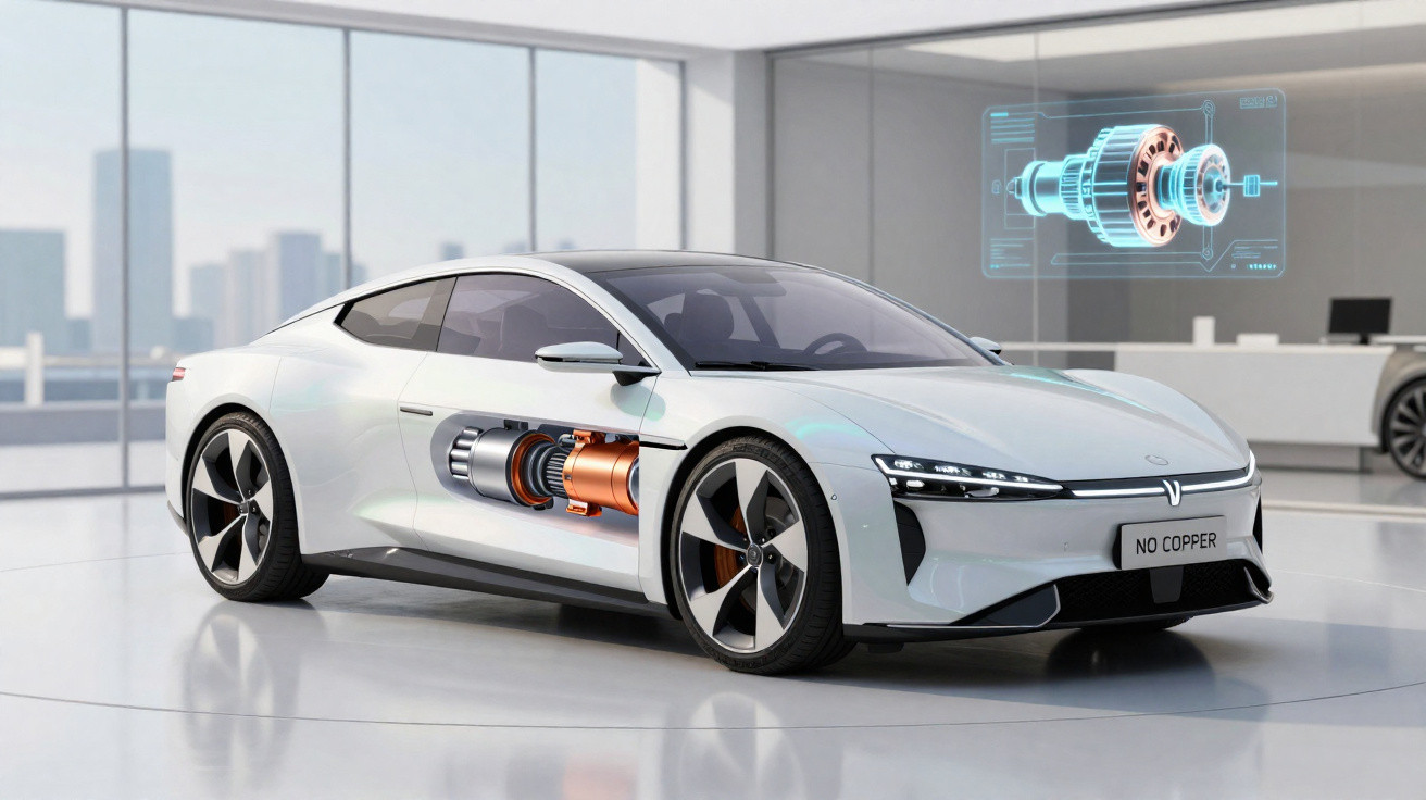 White electric sports car with a visible copper motor component inside, displayed in a modern showroom.
