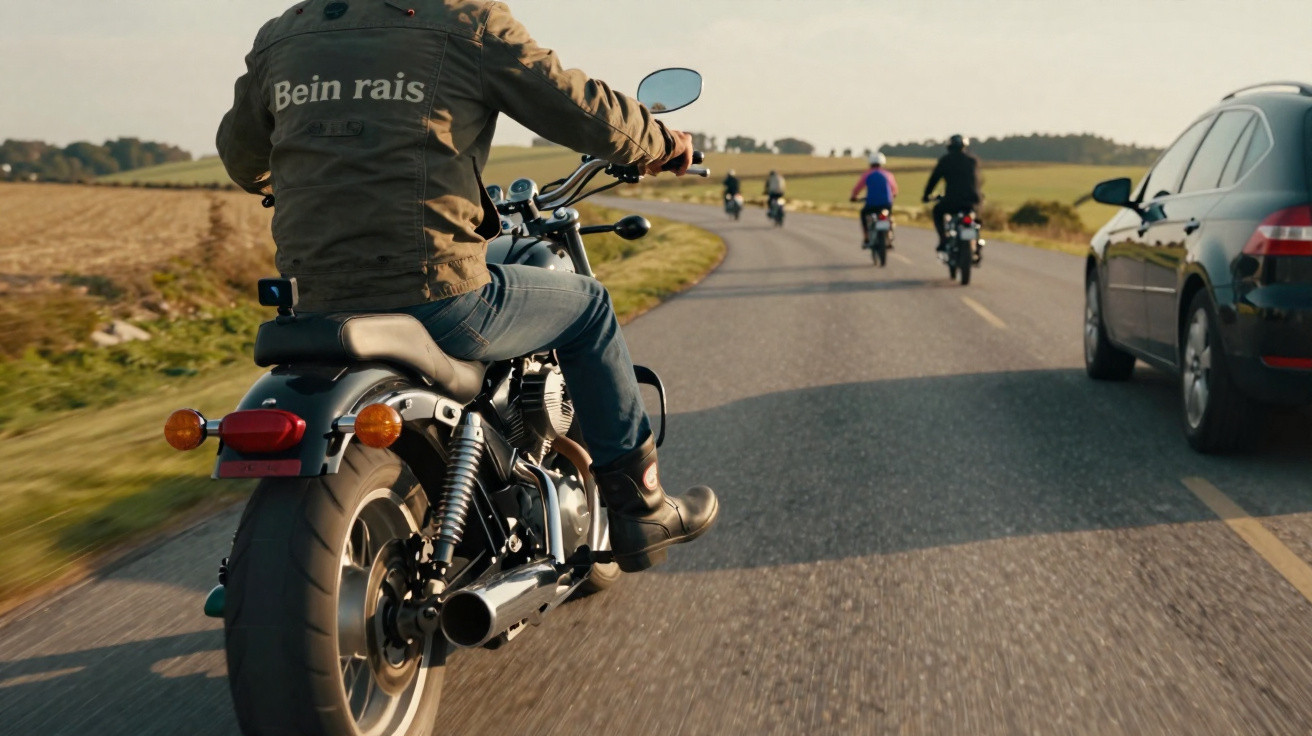 Group of motorcyclists riding on a countryside road with a car driving alongside during daylight.