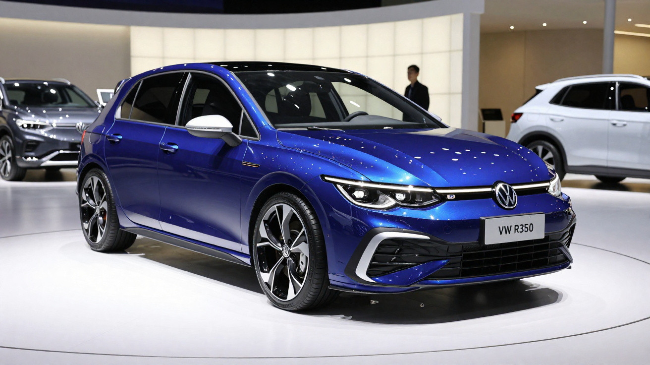 Blue Volkswagen VW R350 hatchback displayed on a white platform at an auto show with other cars in background.