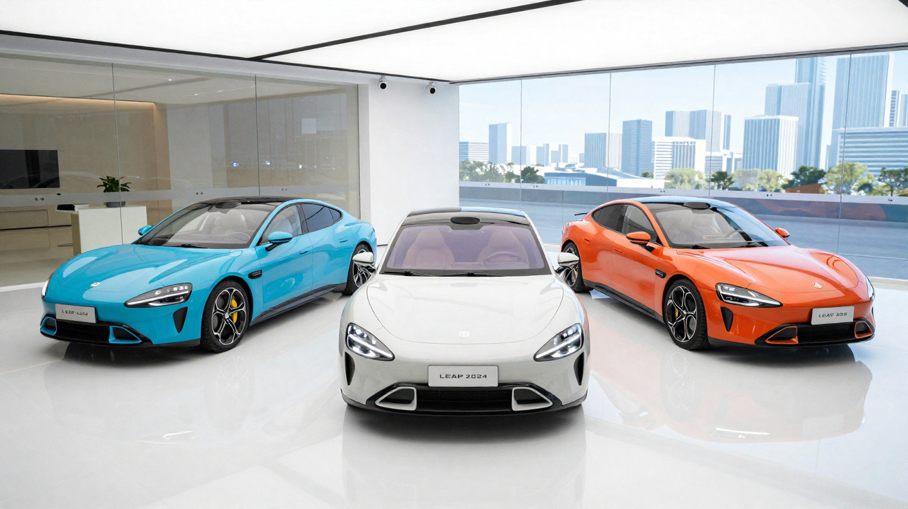 Three sleek electric sports cars in blue, white, and orange displayed in a modern showroom with city views.