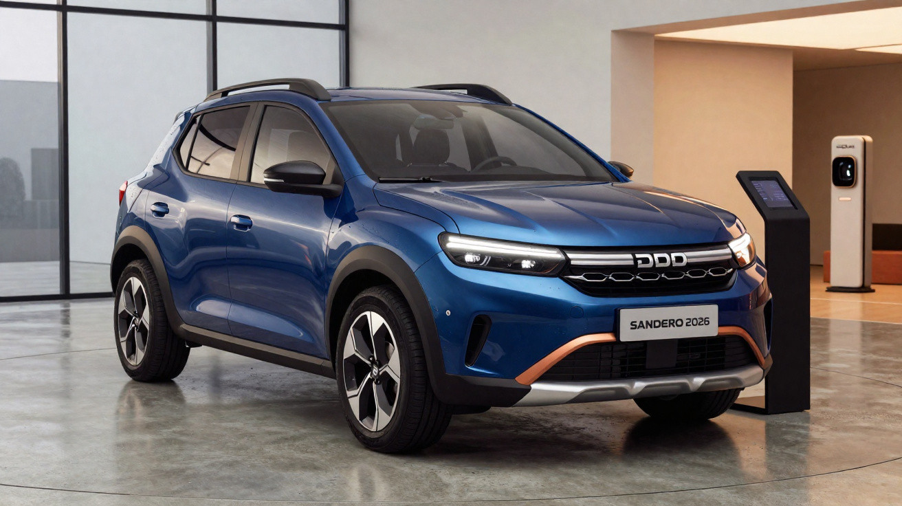Blue Dacia Sandero 2026 model hatchback displayed indoors near an information stand and EV charging station.