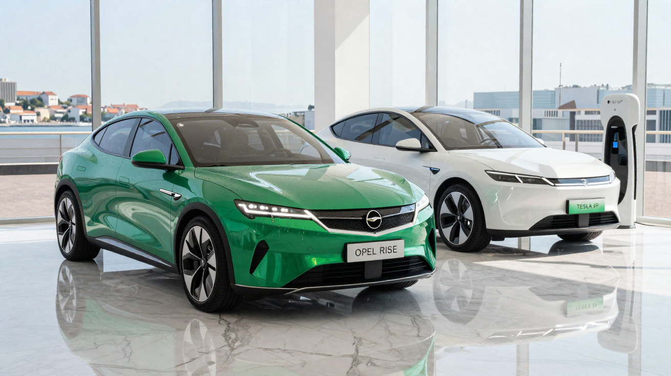 Green Opel Rise and white Tesla Model XP electric cars displayed in a modern showroom with charging station.