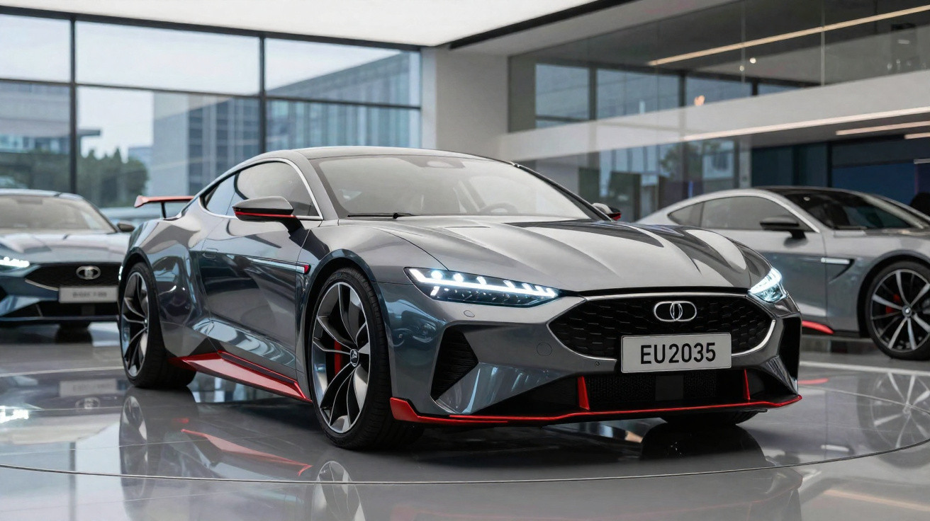 Sleek grey sports car with red accents and bright headlights displayed inside a modern showroom with glass walls.