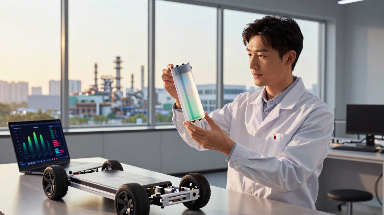 Scientist in lab coat examining a cylindrical battery next to an electric vehicle prototype and laptop.