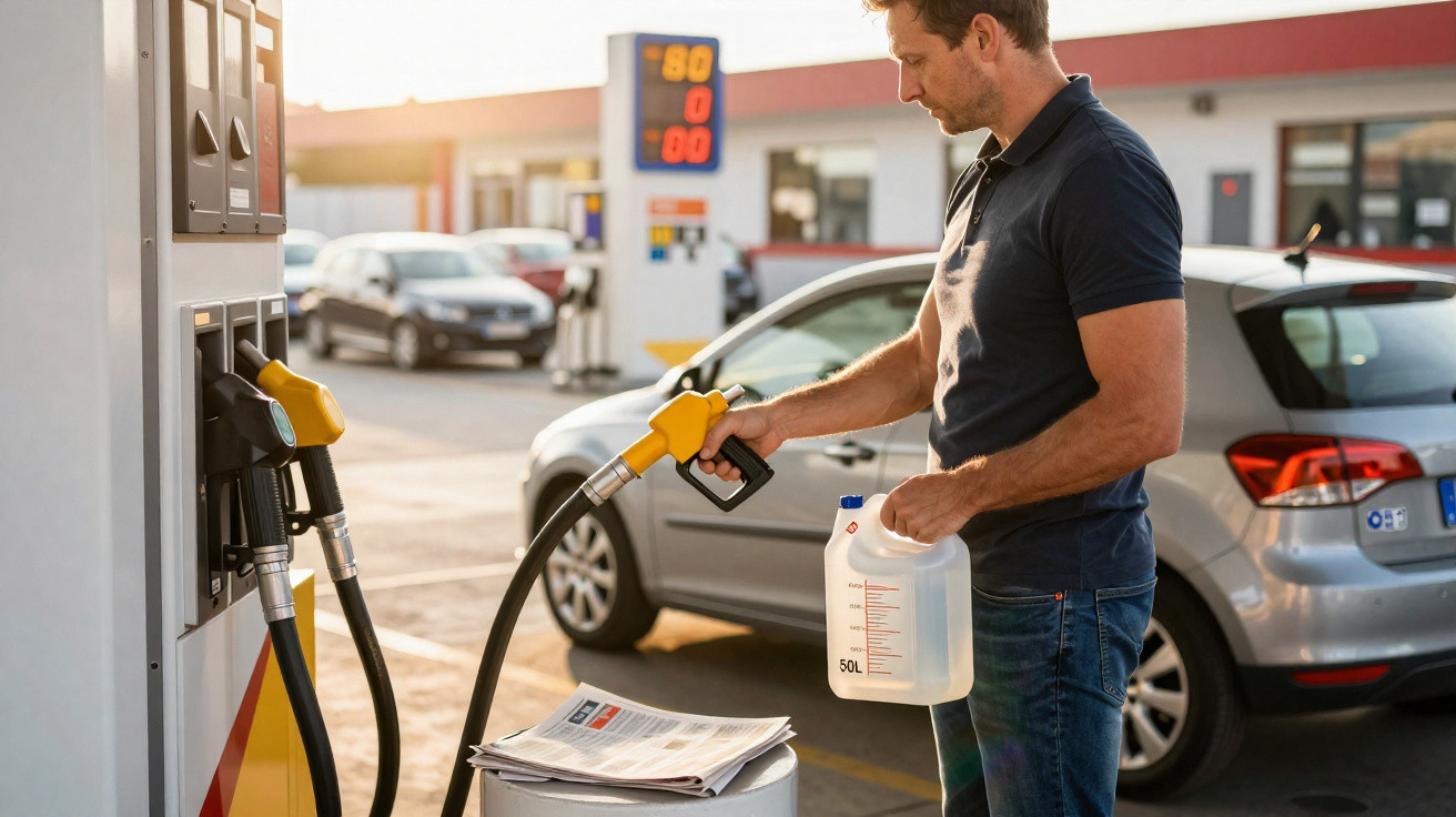 Man refilling a 5-litre container with fuel at a petrol station beside a parked silver car.