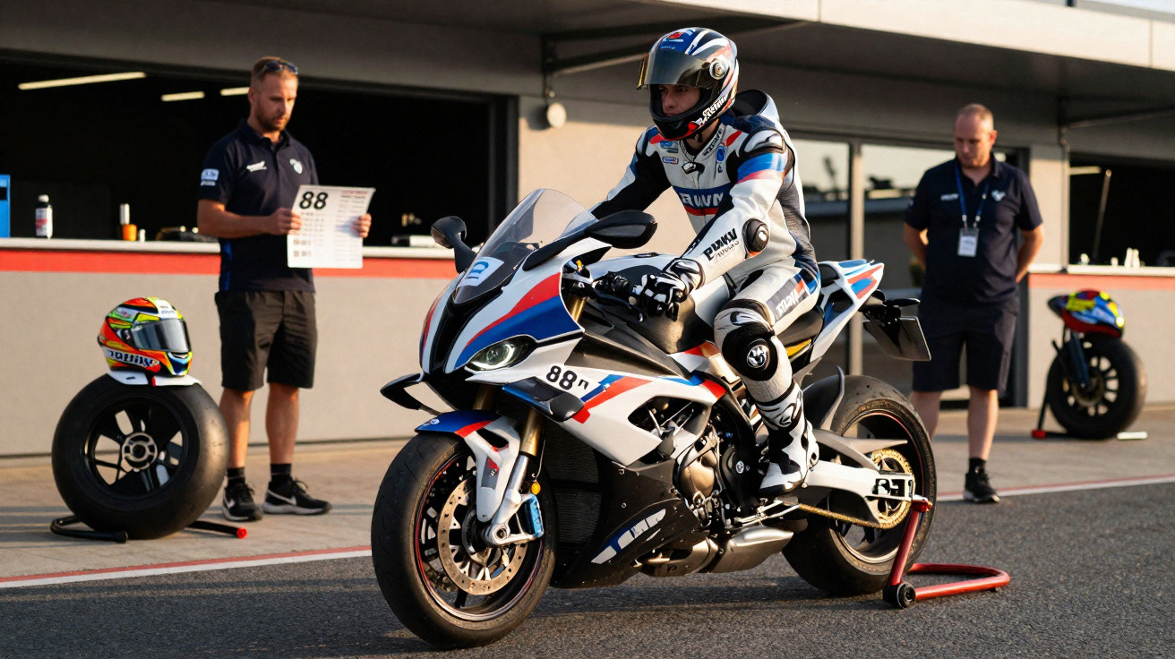 Motorcycle racer in racing suit on BMW bike in pit lane with two crew members and spare tyres nearby.