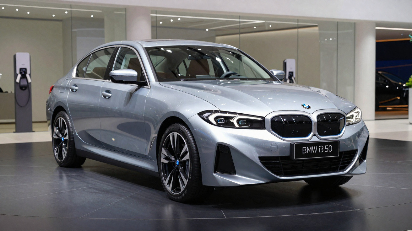 Silver BMW i3 50 electric sedan displayed indoors on a showroom floor with modern lighting and reflective panels.