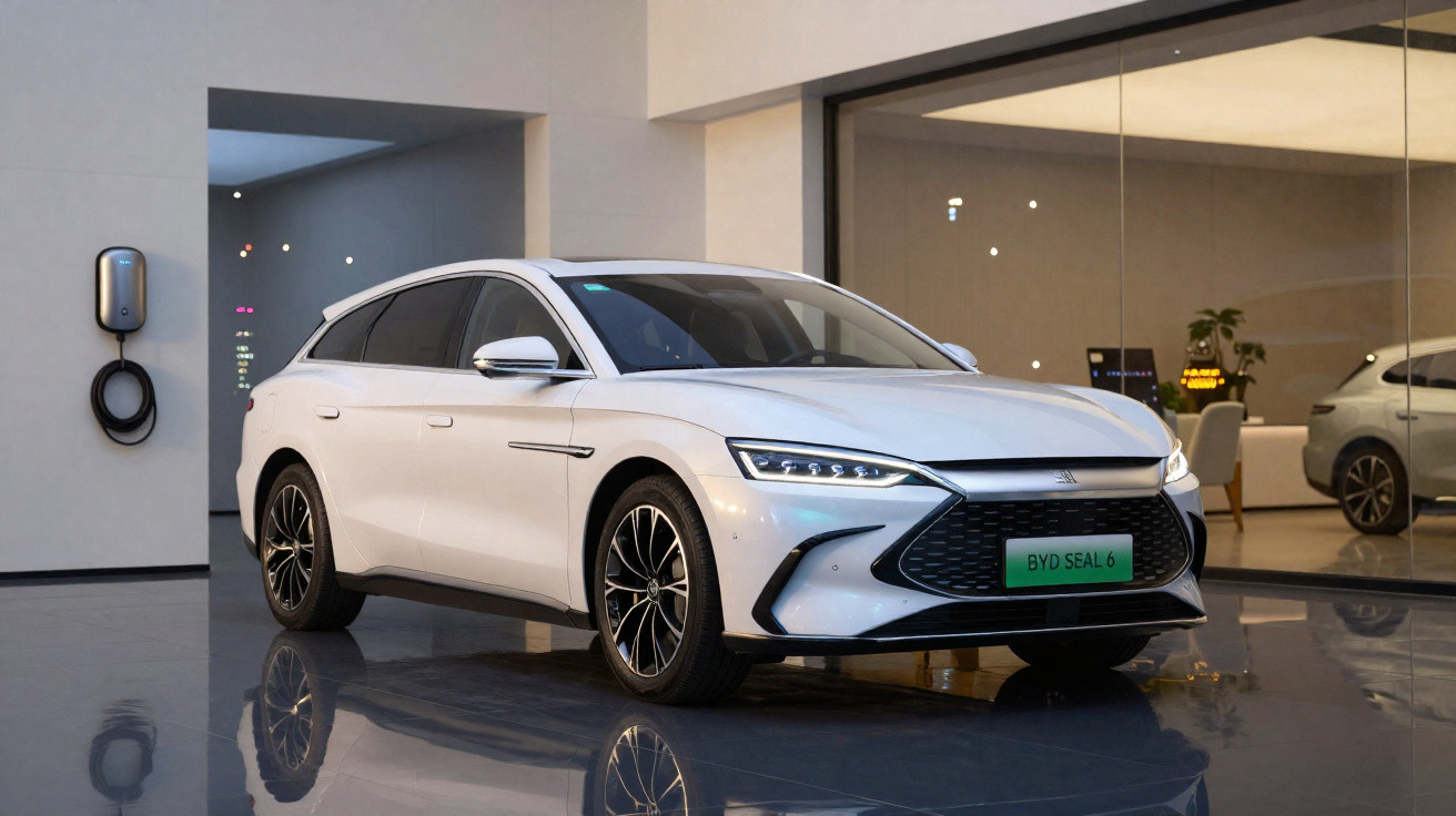 White BYD Seal 6 electric car parked indoors next to a wall-mounted charging station and a glass wall.