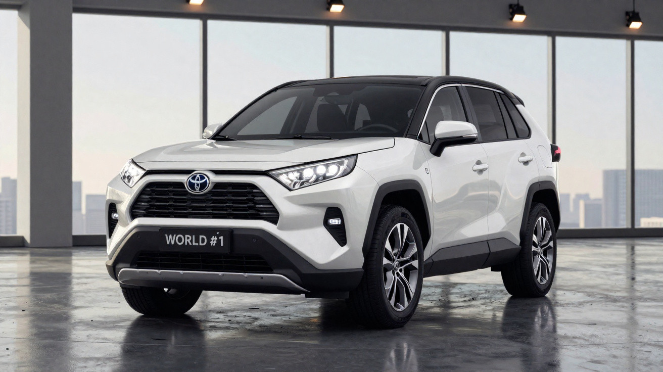 White Toyota SUV parked indoors with large windows and cityscape view in the background.