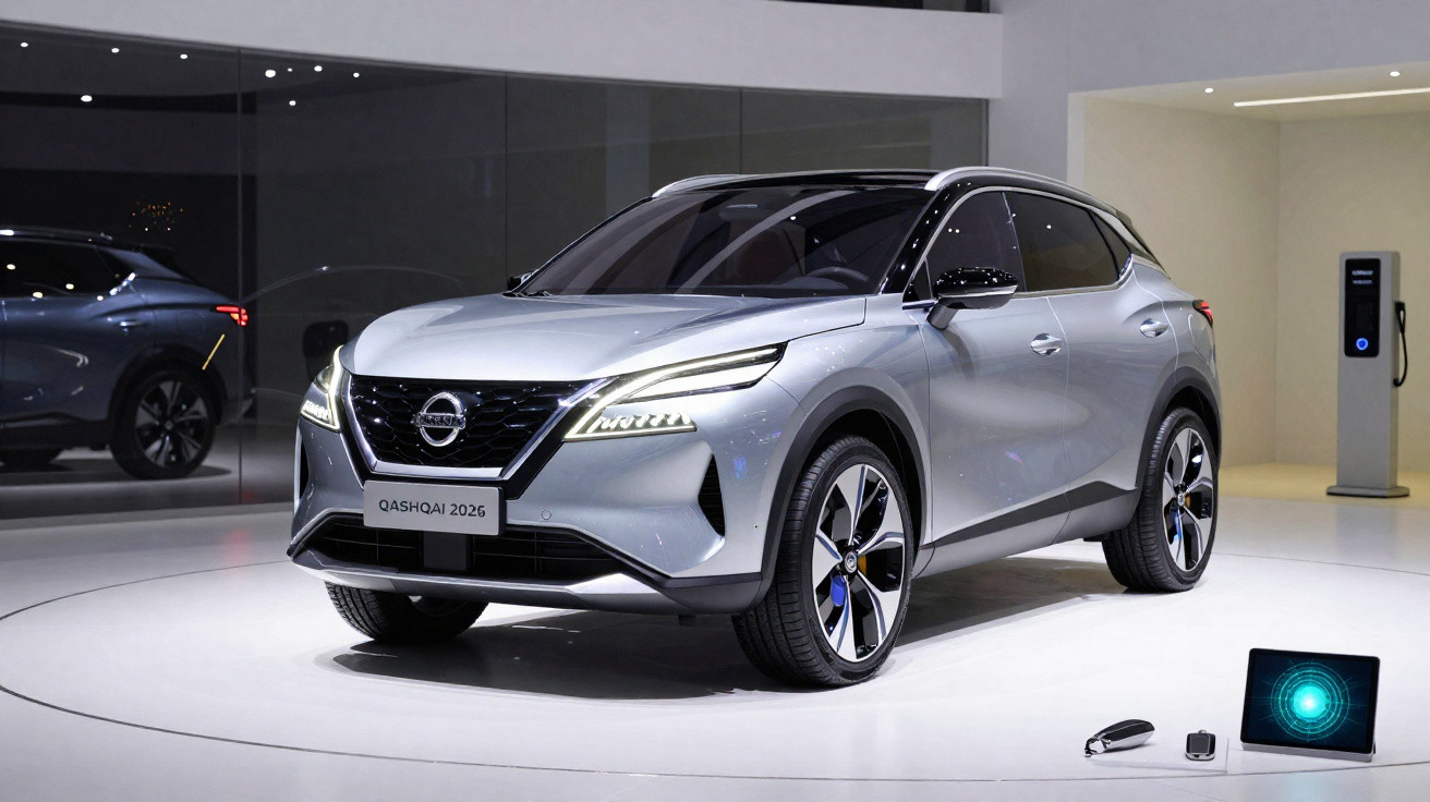 Silver Nissan Qashqai 2026 model displayed on a white platform in a modern showroom.