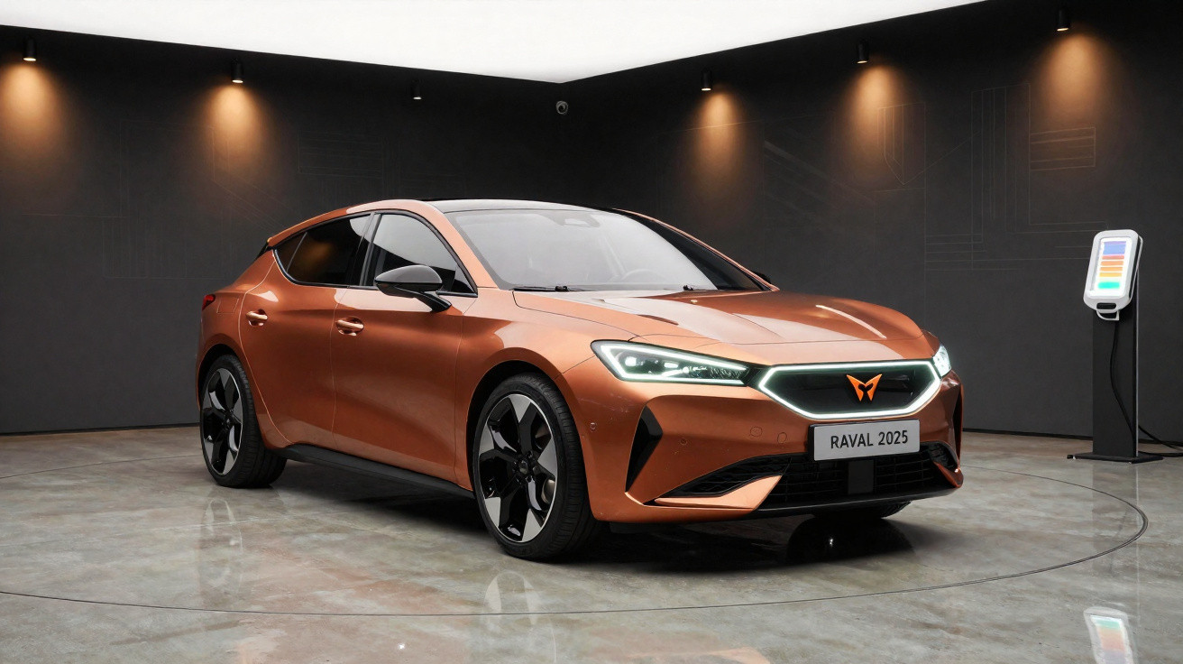 Copper-coloured electric car Raval 2025 plugged into a charging station in a modern showroom.