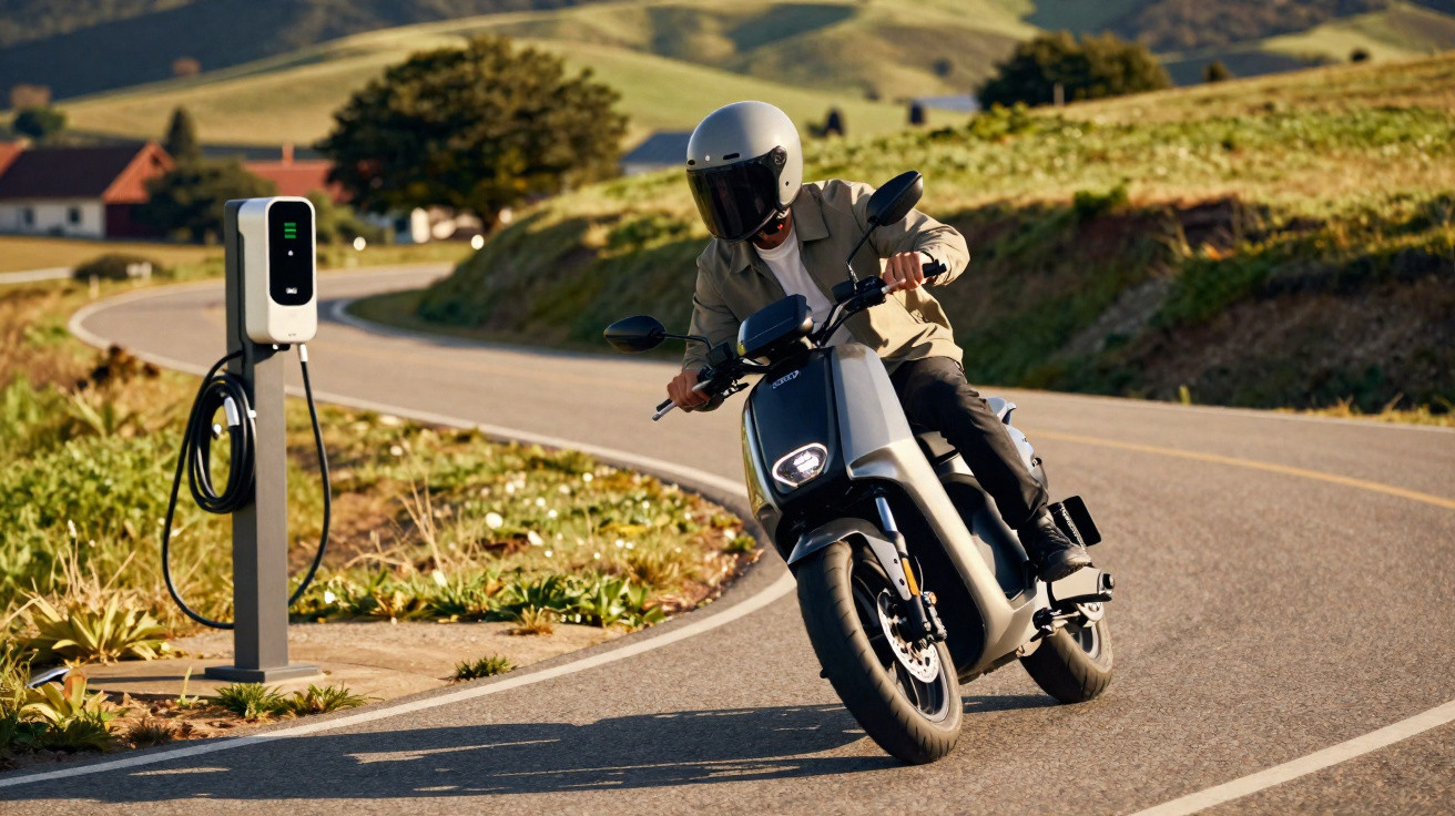 Person riding a modern electric scooter on a country road near a charging station in a rural landscape.