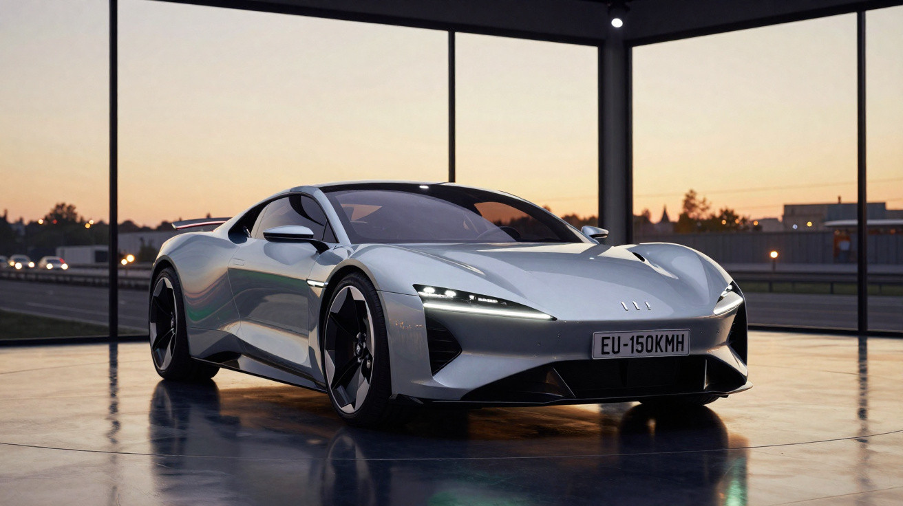 Silver sleek electric sports car displayed in a modern glass showroom at sunset.